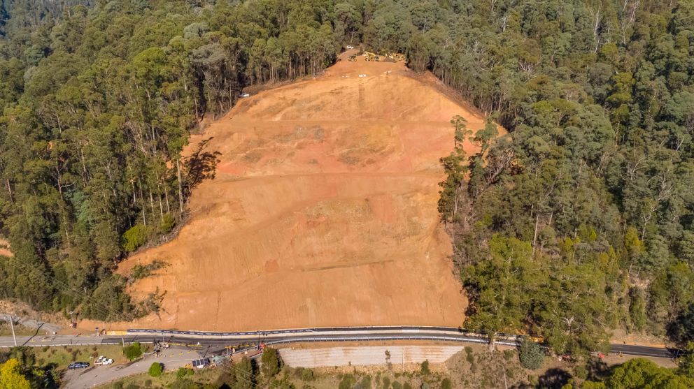 Aerial view with Bogong High Plains Road at the bottom