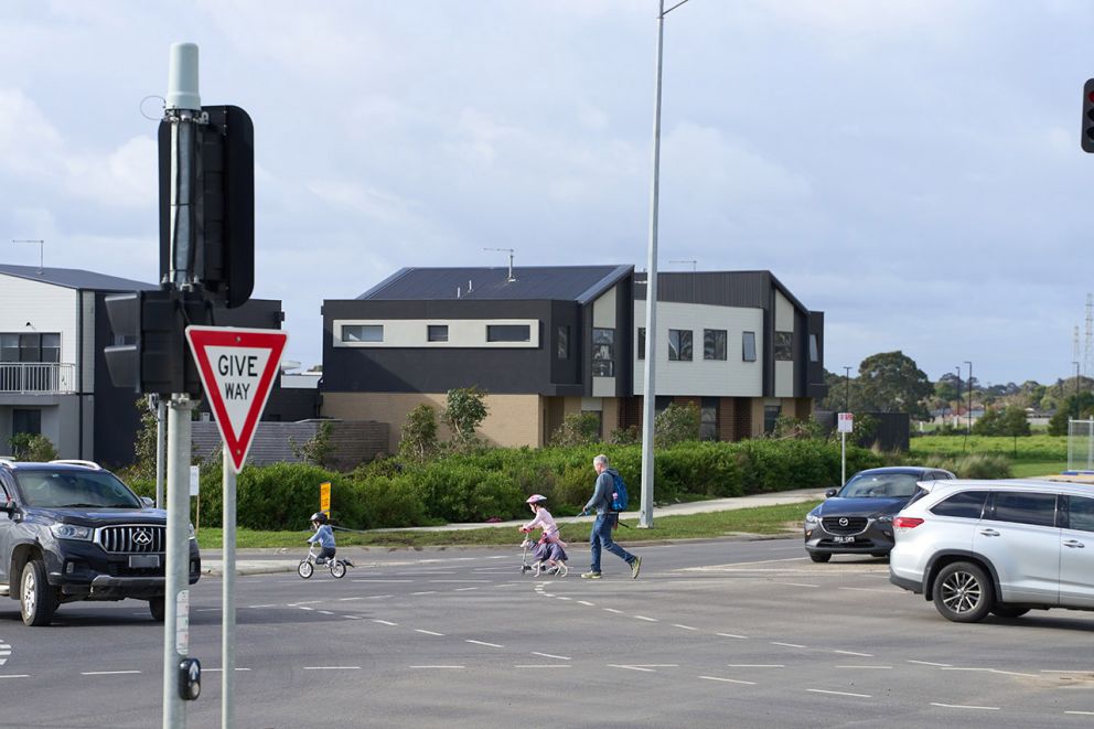 Pedestrians crossing at new intersection