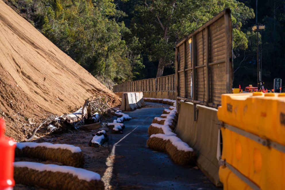 View from behind the safety barriers of the Bogong High Plains Rd landslip