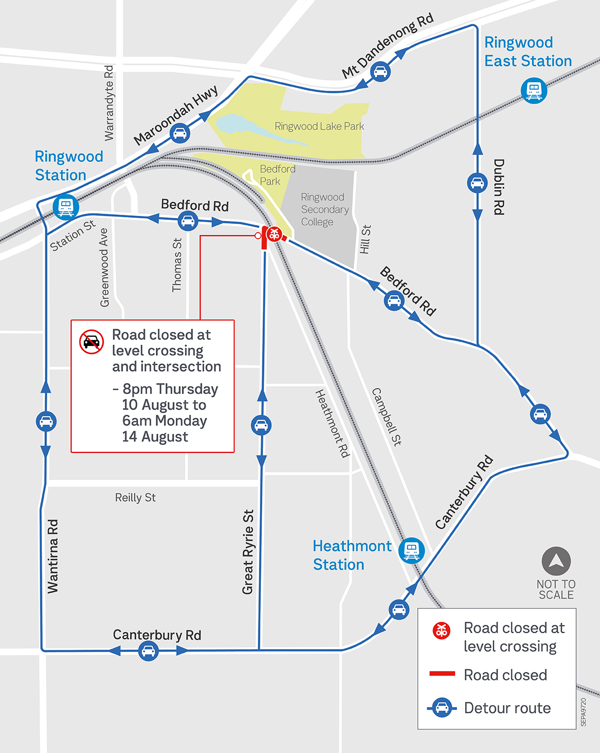 Map showing detours at Bedford Road
