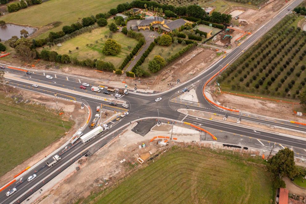 April 2022 - An ariel view of the new  Mickleham and Craigieburn intersection alignment taking shape