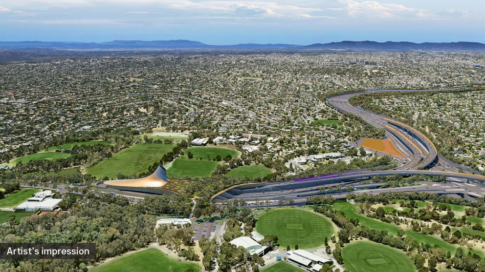 Aerial artist's impression of the Eastern Freeway and North East Link Tunnels interchange in Bulleen.