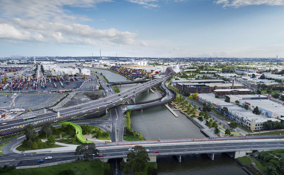 Artist impression – new bridge over the Maribyrnong River, with the new MacKenzie Road  ramps, with Shepherd Bridge in the foreground.