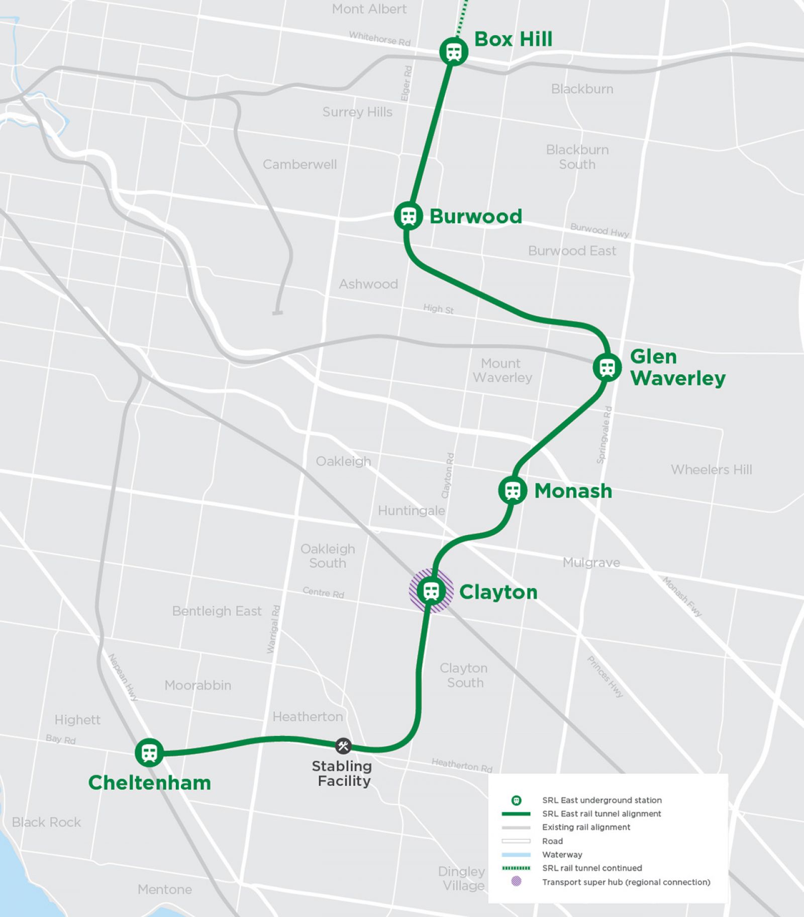 Concept map. All SRL East stations and rail tunnel connecting them