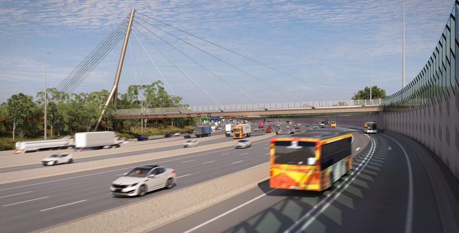 Artist impression of new busway on the Eastern Freeway and Estelle Street walking and cycling bridge in Bulleen.