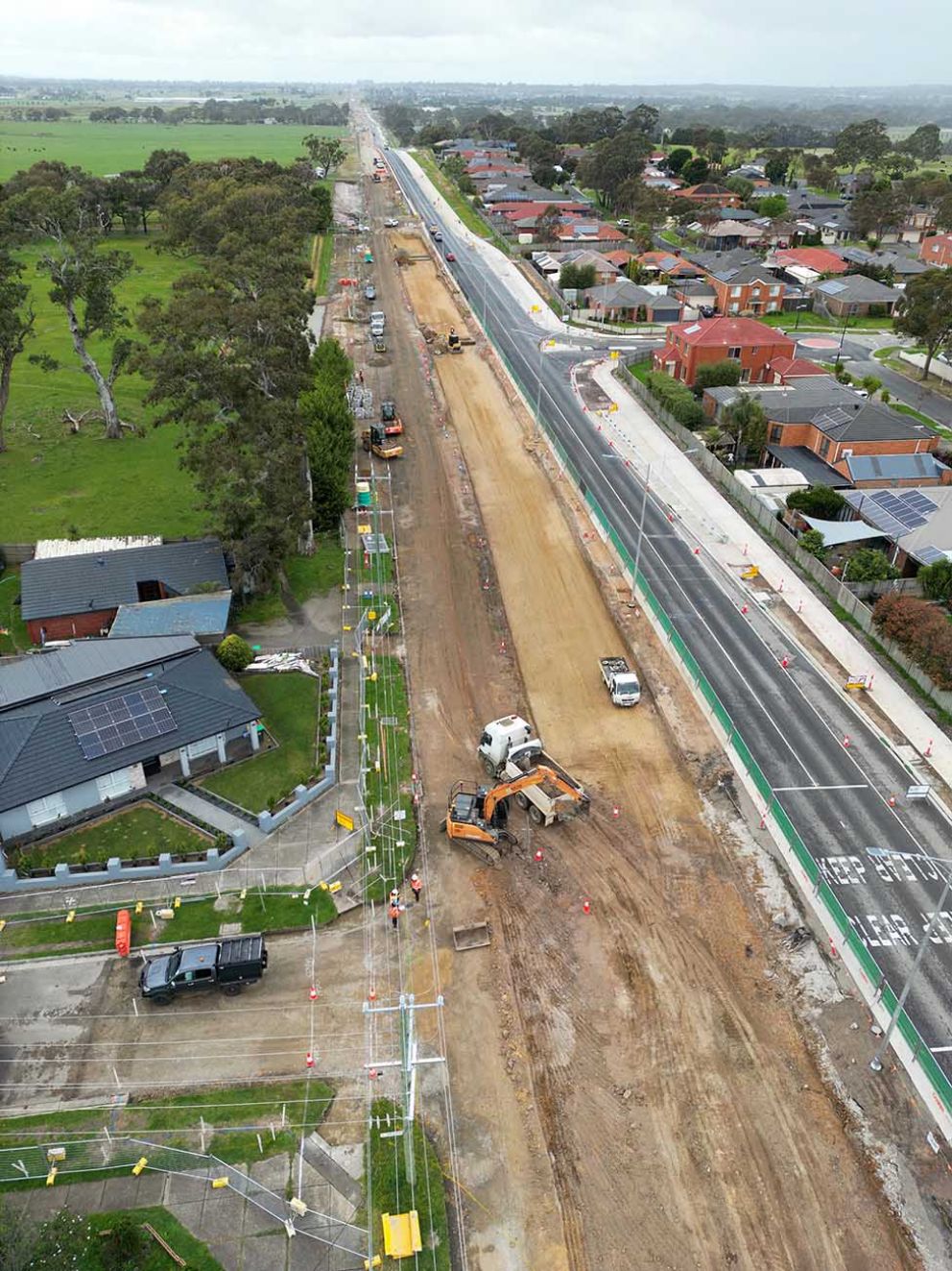 An aerial perspective of Hall Road’s new eastbound lanes, and Rangeview Drive’s development