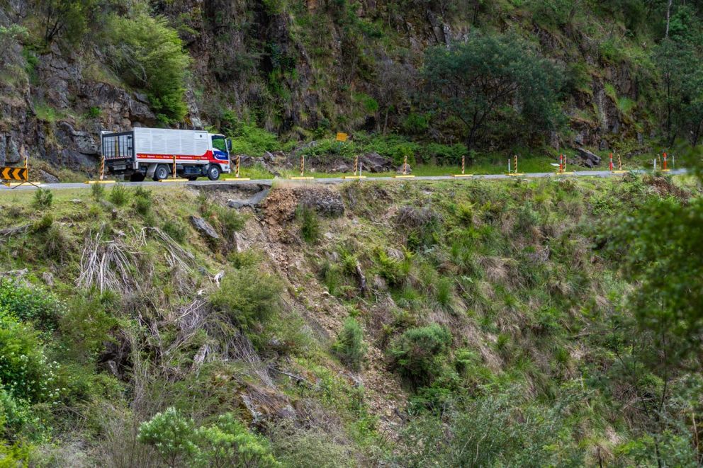 A truck navigates a bend on Bogong High Plains Road