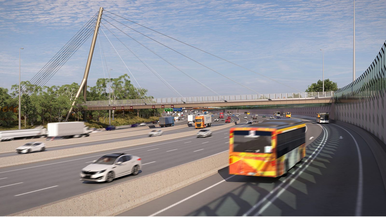 Artist impression of the Eastern Freeway with dedicated bus lanes on one side and other traffic travelling on the other side, with a concrete and glass bridge going over the freeway.