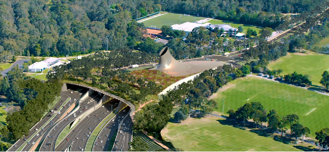 Artist's impression of the upgraded Bulleen Road and southern tunnel ventilation structure, Bulleen