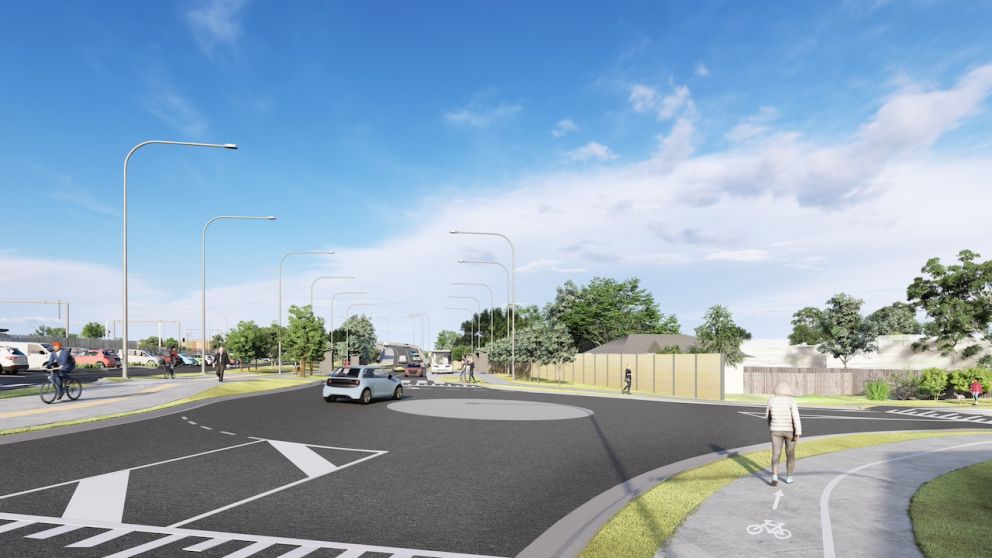 Looking south at the intersection of Diggers Rest-Coimadai Road and the new road bridge. Artist impression only. Subject to change.