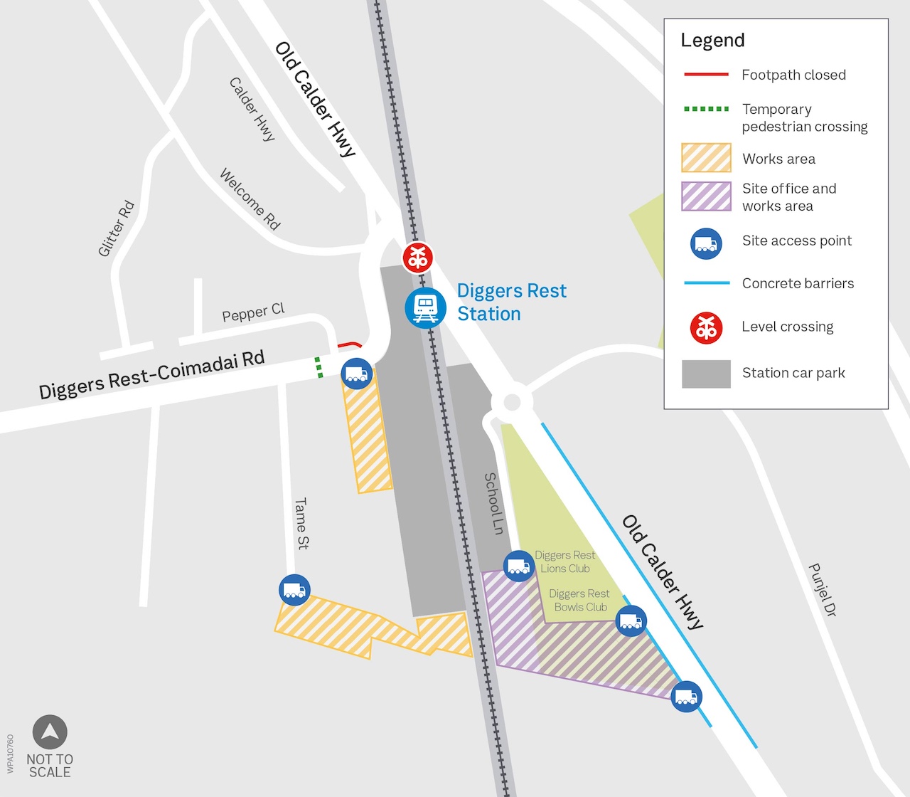 Map showing location of works near Old Calder Highway and Diggers Rest Station