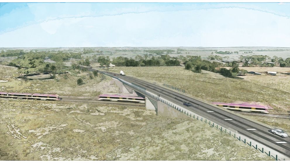 Hopkins Road bridge looking north towards the Western Freeway. Artist impression only, subject to change.