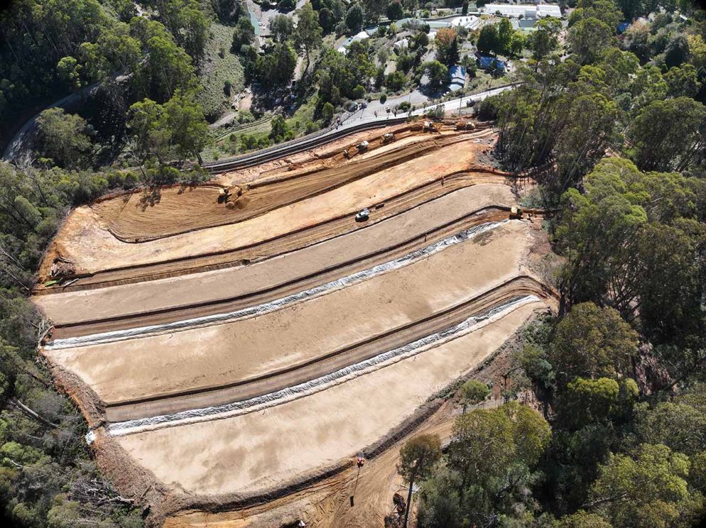 Aerial view of looking directly onto the landslip showing drainage culverts
