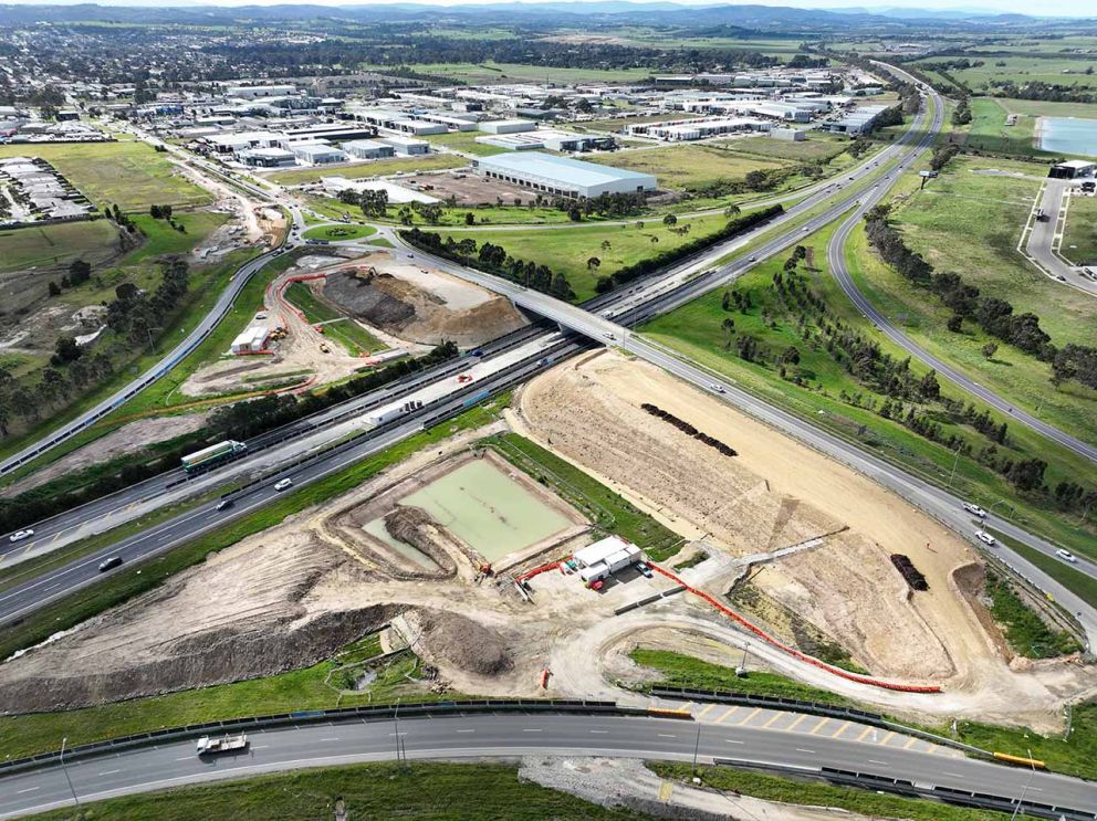 August 2023- An aerial view of the embankments for the new Healesville-Koo Wee Rup Road bridge