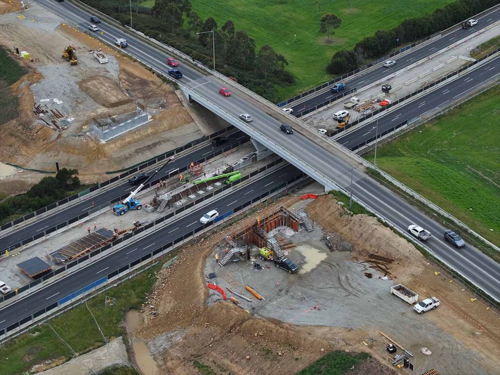 November 2023- An aerial view of the embankments for the new Healesville-Koo Wee Rup Road bridge