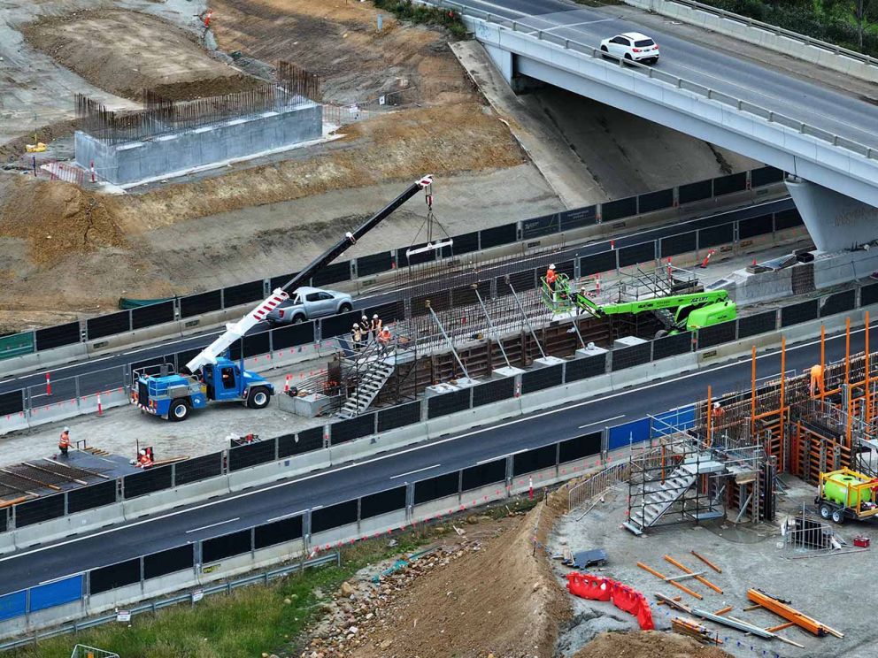 November 2023- Aerial view of works in progress on the centre bridge pier in the freeway median