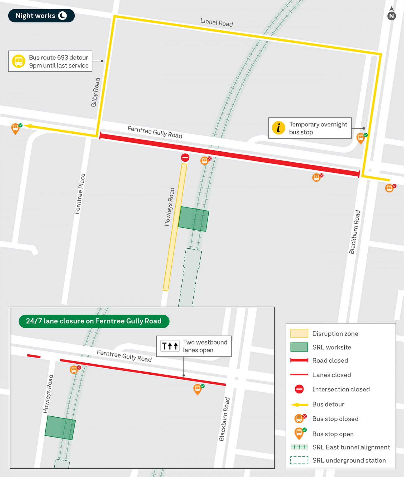 Map showing night work in Monash