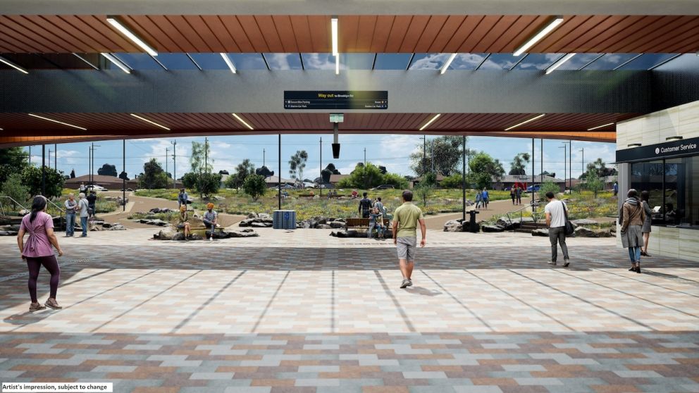 Pedestrian through link at the new Melton Station, looking north. Artist impression only, subject to change