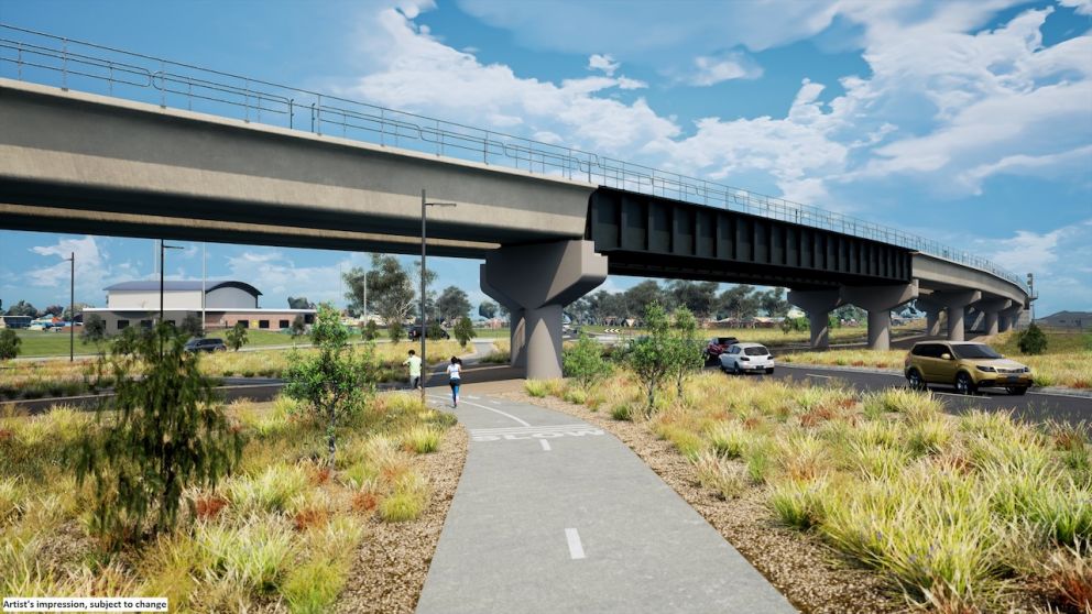 Rail bridge over Coburns Road from walking and cycling path. Artist impression only, subject to change