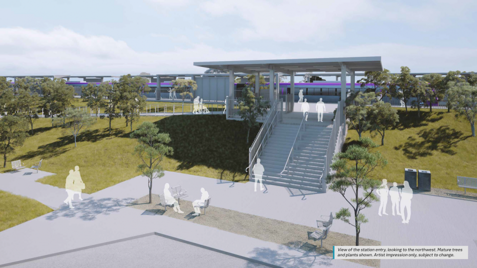 View of the station entry, looking to the northwest. Mature trees and plants shown. Artist impression only, subject to change.