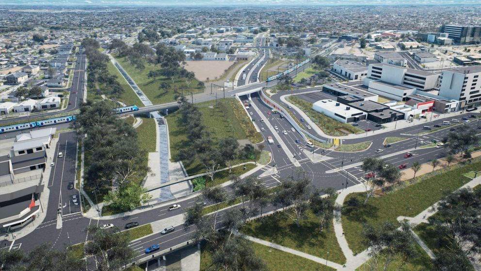 Looking west towards the new road underpass with Webster Street closed at the level crossing. Artist impression, subject to change.