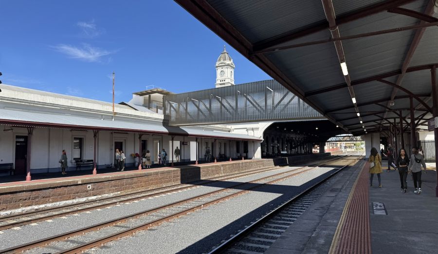 View from the northern platform featuring the overpass and clock tower, looking to the west. Artist impression, subject to minor change. Design endorsed by Heritage Victoria