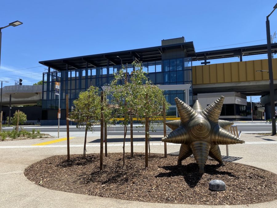 One of the Bloom sculptures installed at Croydon Station, featuring 12 cone-like shapes.