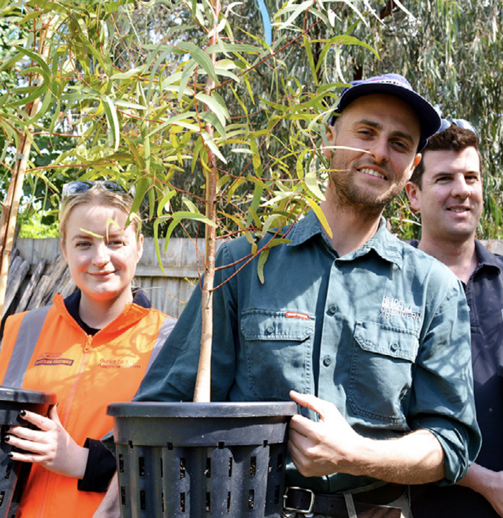 3 people with 2 visibly holding small trees in pots and trees in the background