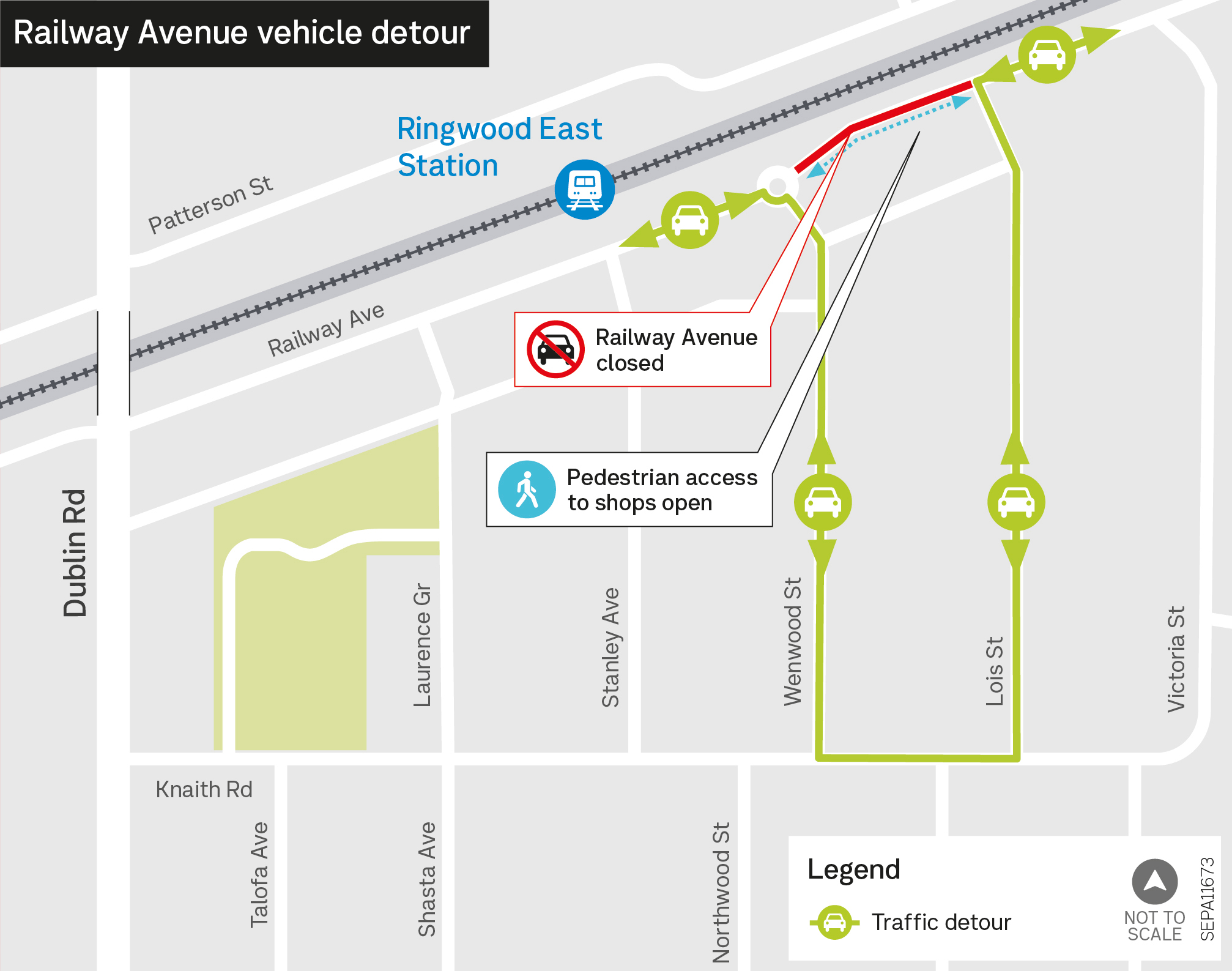 Detour map for closure of Railway Ave between Wenwood Street and Lois Street