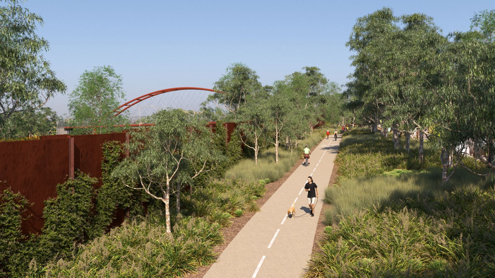 Artist’s impression of new noise walls with climbing plants and upgraded M80 Trail, Greensborough. 