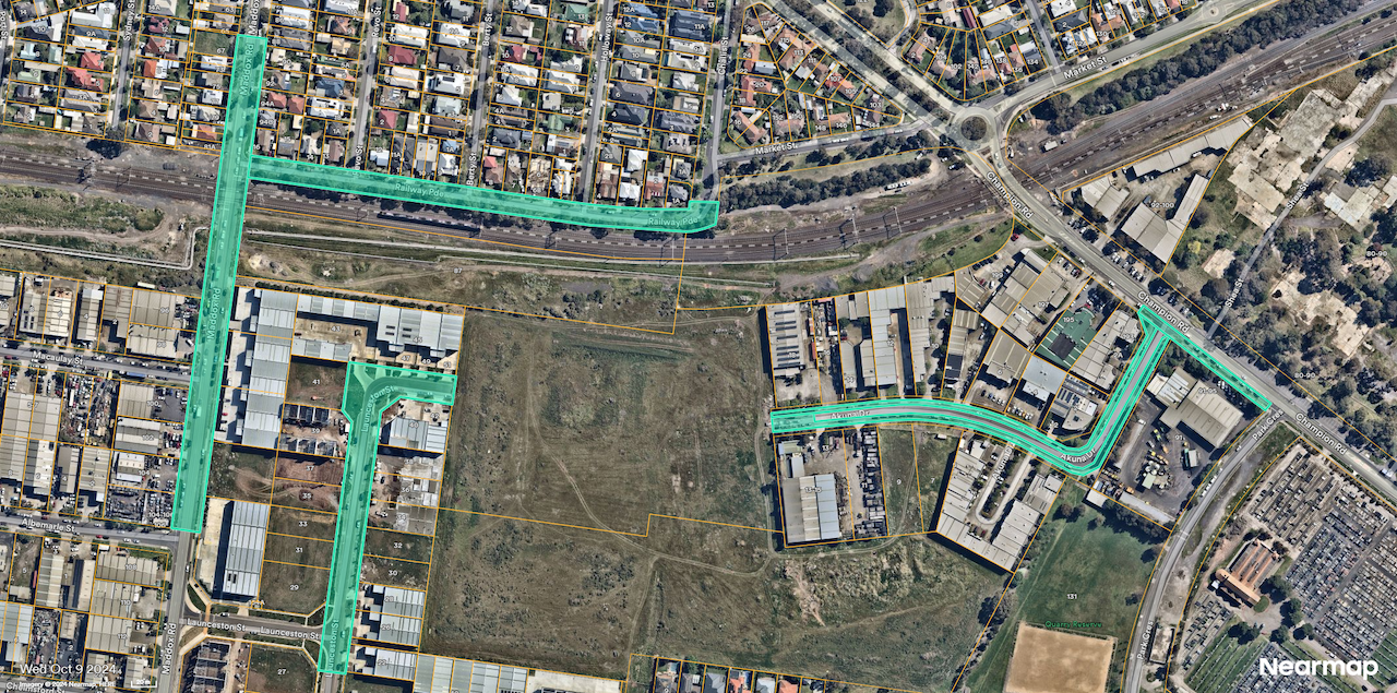 Map showing road closures shaded in blue at Maddox road, Railway Parade, Launceston Street, Akuna Drive and Champion Road.