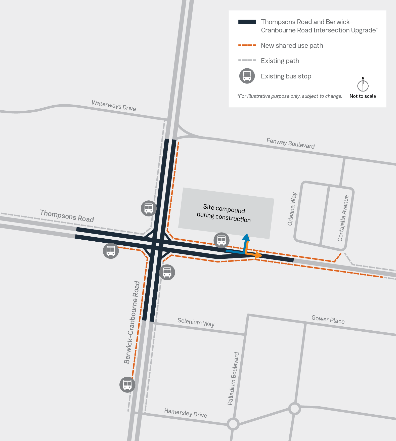 Project overview map for Thompsons Road and Berwick-Cranbourne Road intersection upgrade