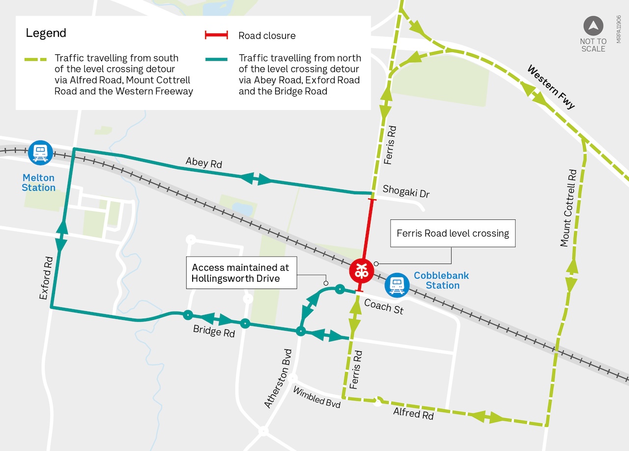 Map showing traffic detours via Alfred Road, Mount Cottrell Road and the Western Freeway