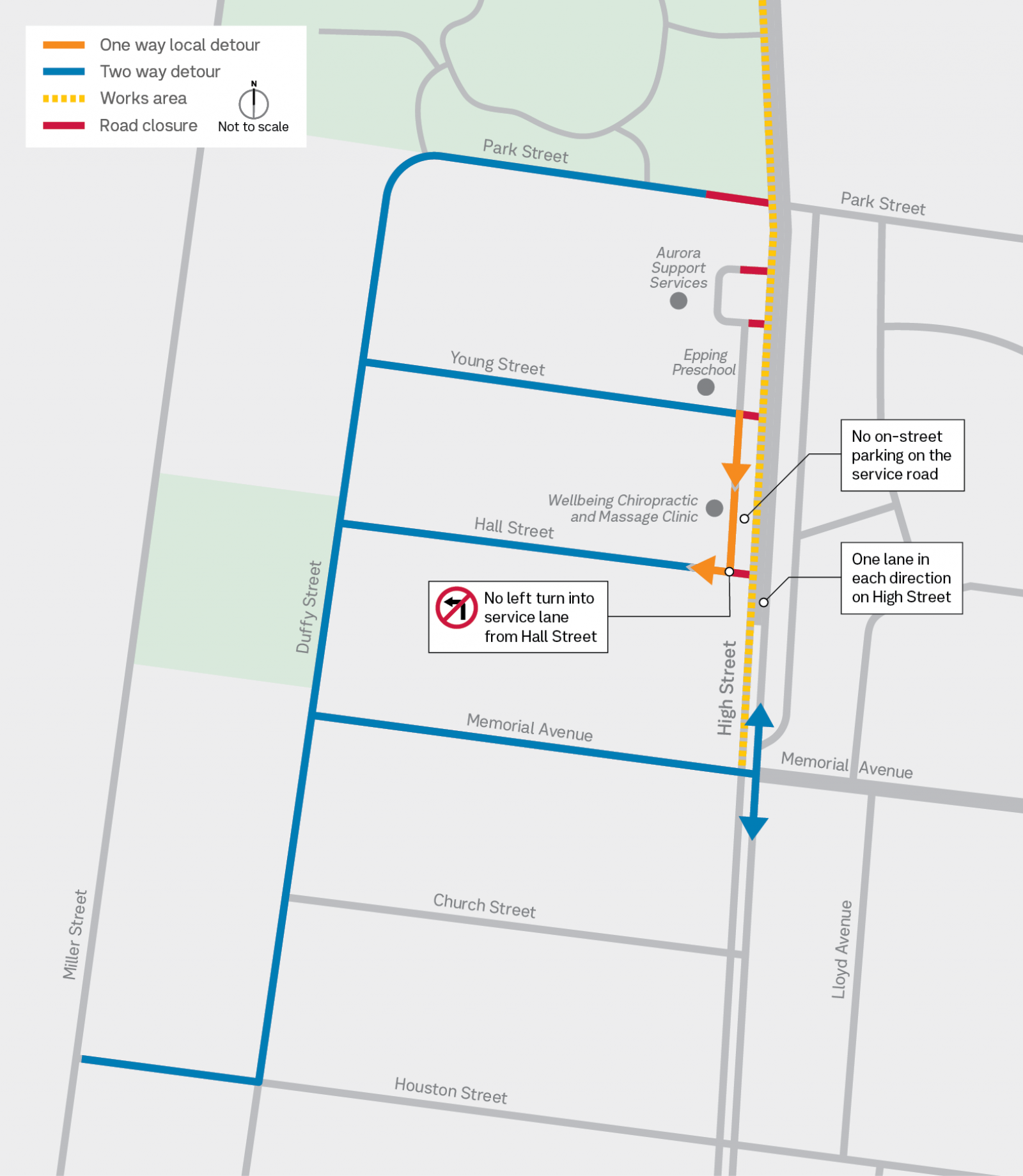 Detour map for Epping Road Upgrade - Park Street West, Hall Street and Young Street 