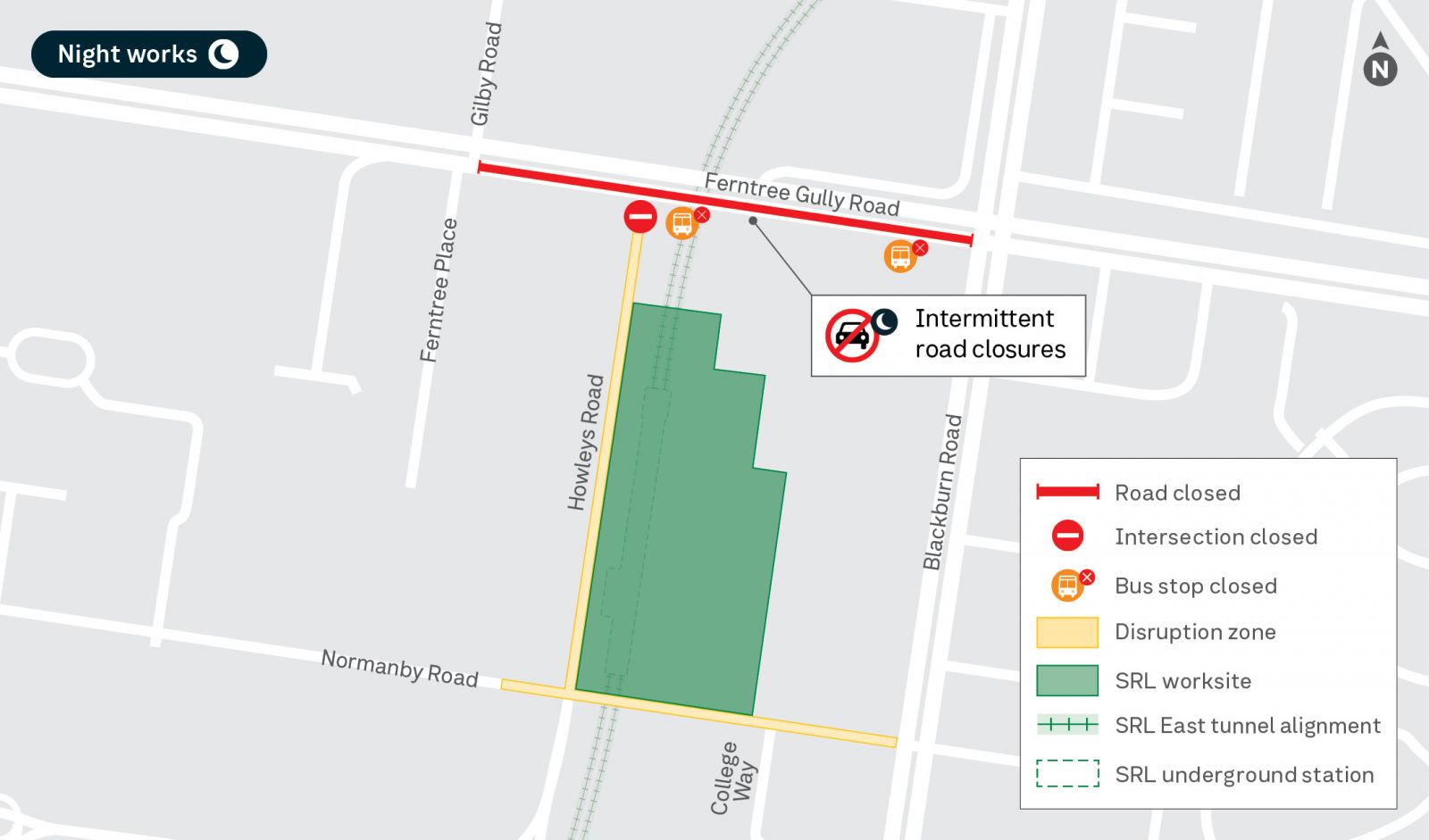 Map shows night works in Monash during July