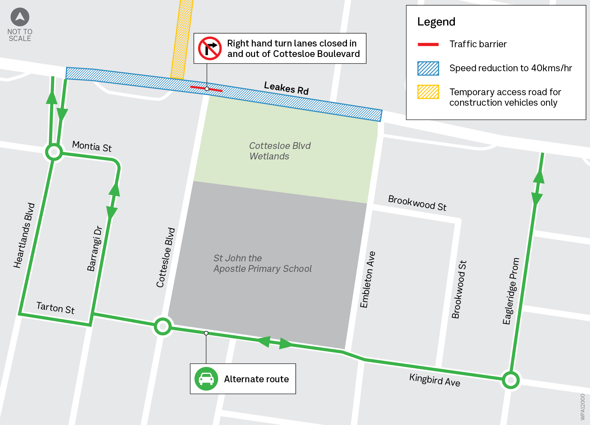 Map showing Leaks Road speed reduced between Heartlands Blvd and Embleton Ave. No right turn in and out of Cottesloe Boulevard.
