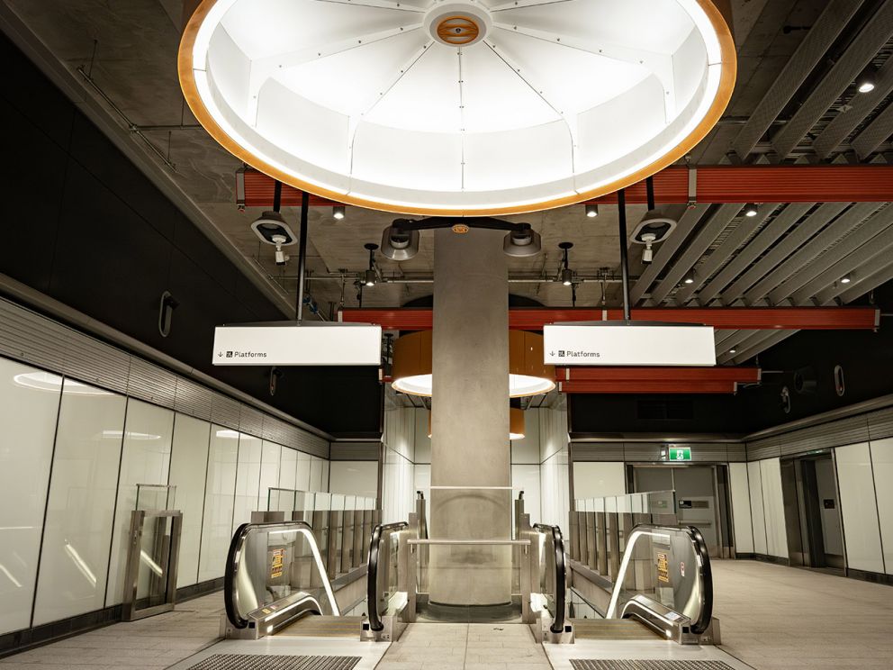 Escalators to the platforms at Parkville Station