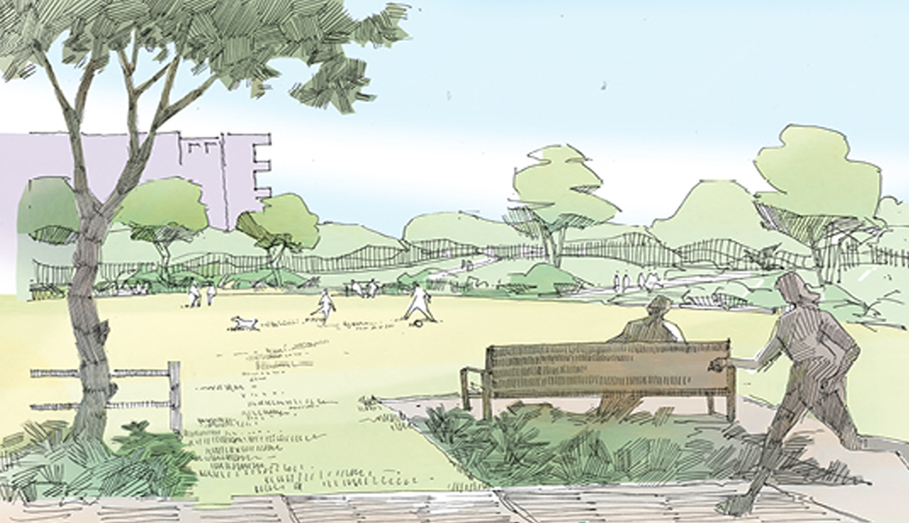 Image shows an artist impression of the open space at Sir William Fry Reserve.