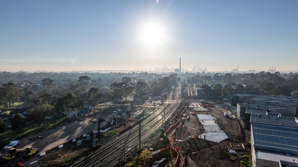 Birdseye view of the worksite looking towards Melbourne city