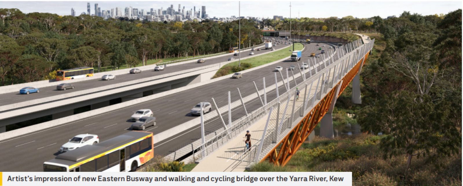 Artist’s impression of new Eastern Busway and walking and cycling bridge over the Yarra River, Kew