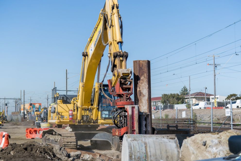 Sheet piling on Station Street, Aspendale in preparation for deep excavation works
