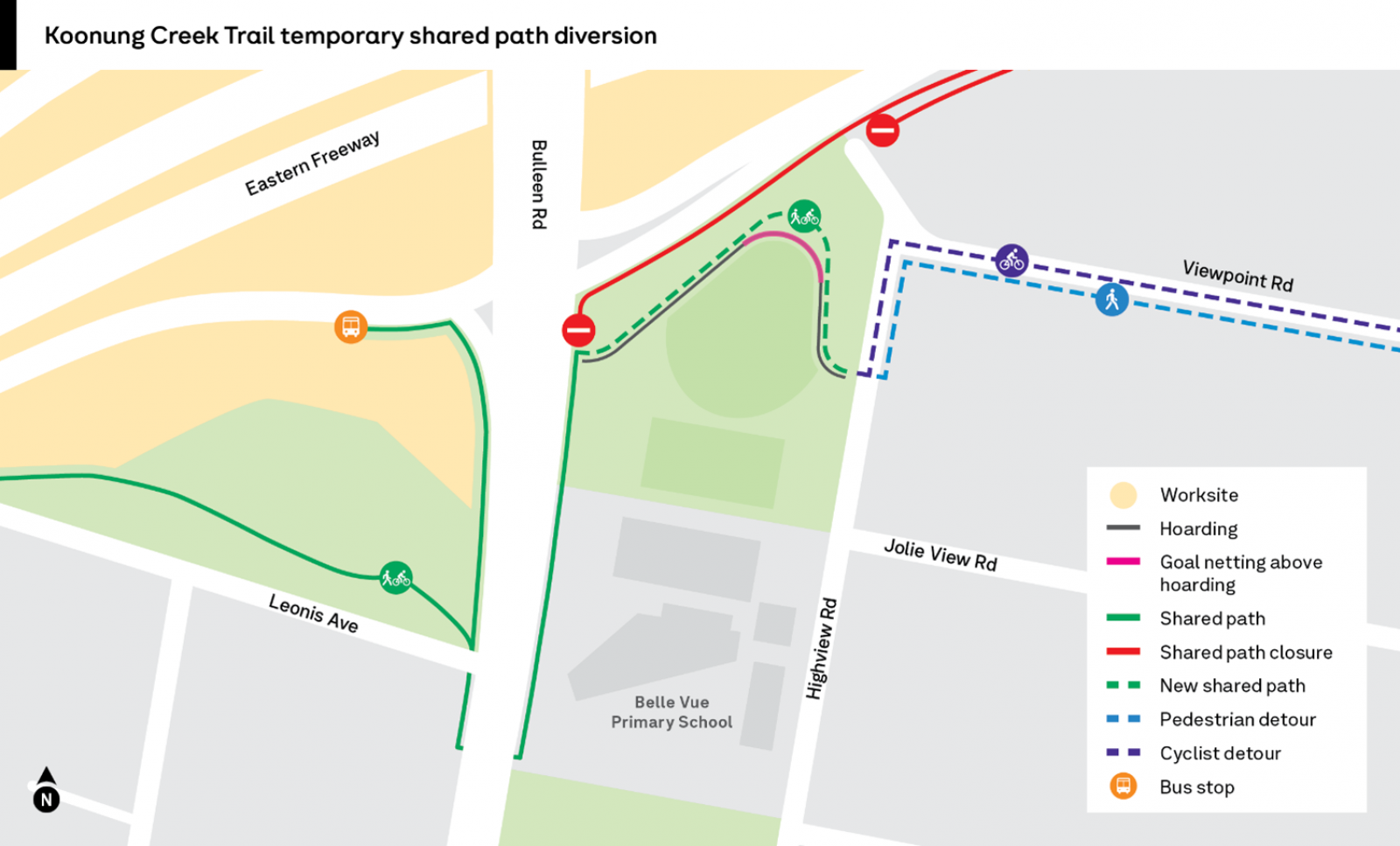 Map of Koonung Creek Trail temporary shared path diversion