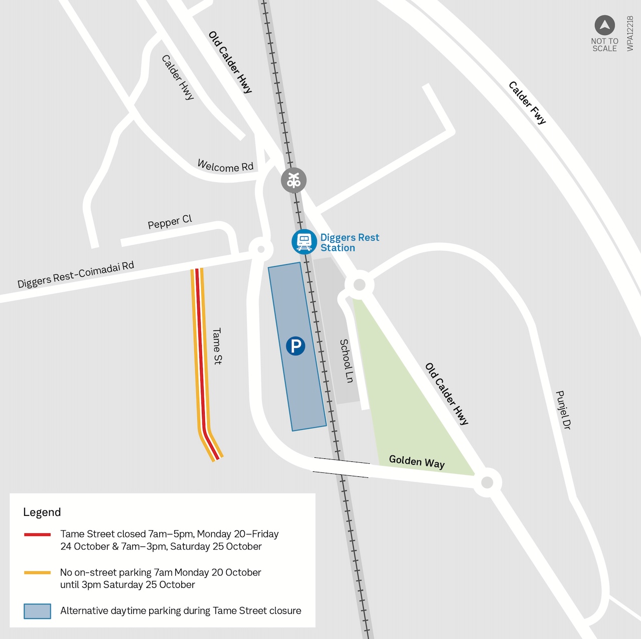 Map showing location of works along Tame Street and alternative day time parking near the rail line during the Tame Street closure
