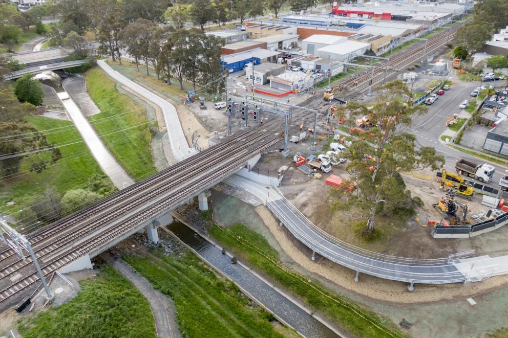 Aerial view of a boom gate free Webster Street
