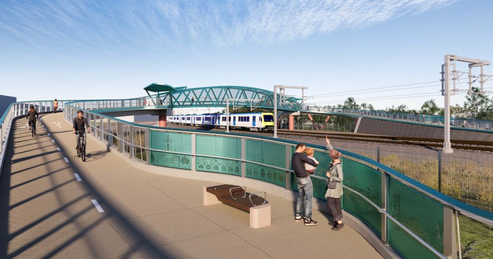 One of 2 resting points on the Champion Road pedestrian and cycling bridge. Artist impression only, subject to change.