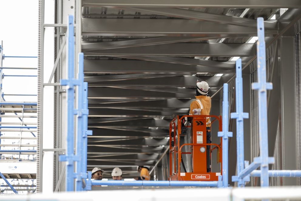 Workers building the Ballarat Station pedestrian overpass