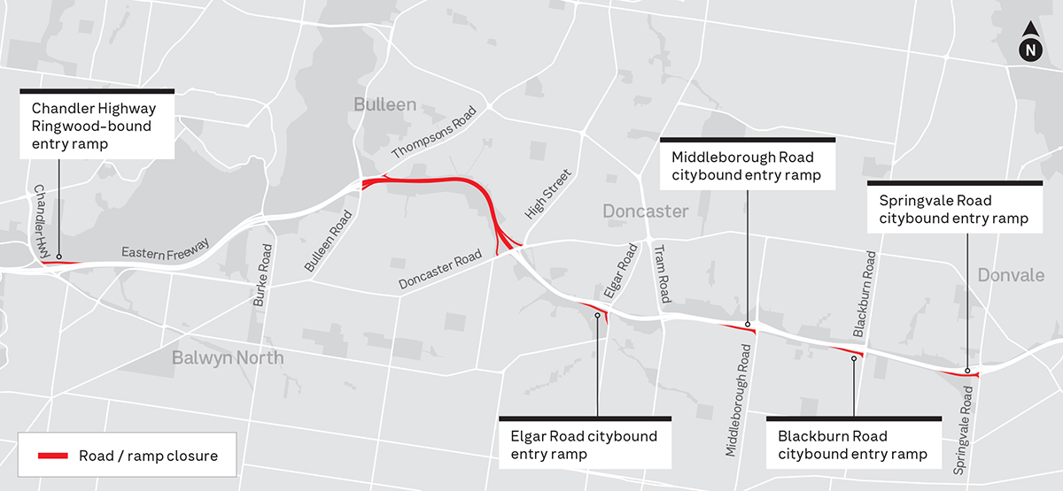 Eastern Freeway Right-turn bans at key intersections on Doncaster Road  map