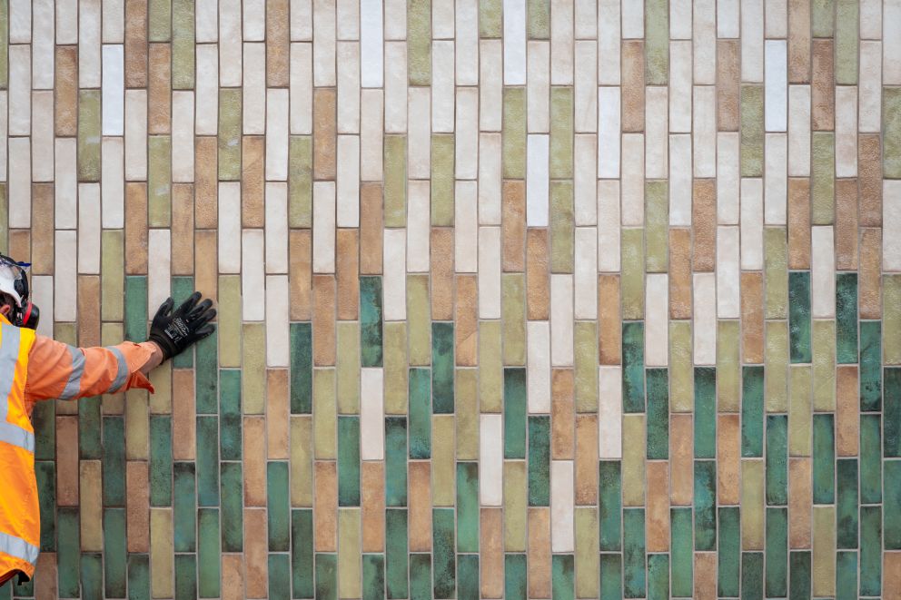 The subway tiling design, featuring Warm Neutral, Pale Eucalypt and off-white shades