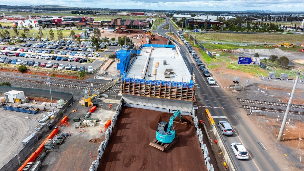 Diaphragm pours will soon lock the bridge beams securely in place