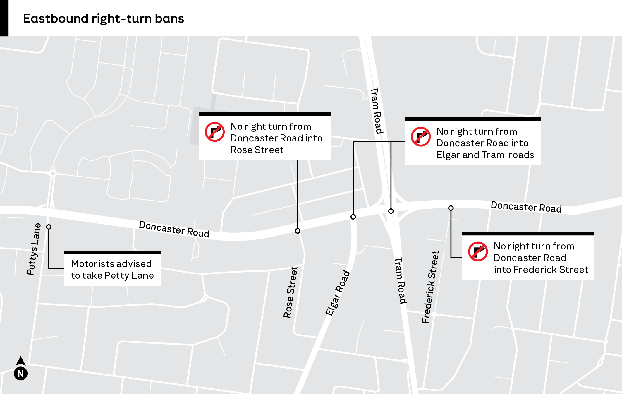 Doncaster_right_turn_bans_MAP Eastbound